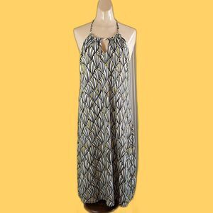 Tommy Bahama Art Deco Halter Swing Dress Keyhole XS Black Yellow Beachy Stretchy